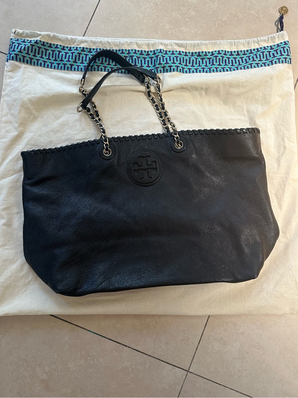 Tory Burch Black Pebbled Leather Chain-Handle Tote